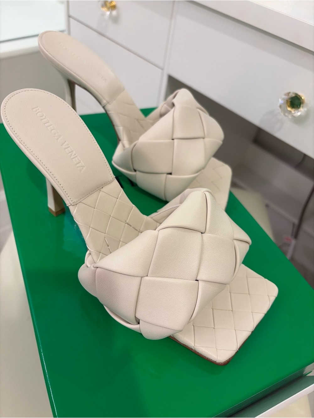 Bottega Veneta Cream Intrecciato Padded Square-Toe Heeled Slides
